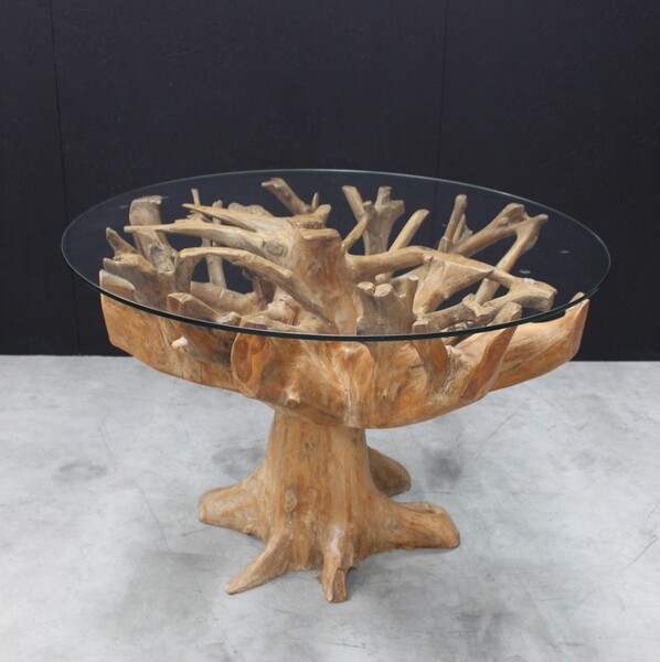 Teak Root 1.1m Round Dining Table with Glass Top | Ancient Mariner ...