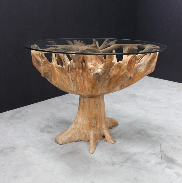 Teak Root 1.3m Round Dining Table with Glass Top | Ancient Mariner ...
