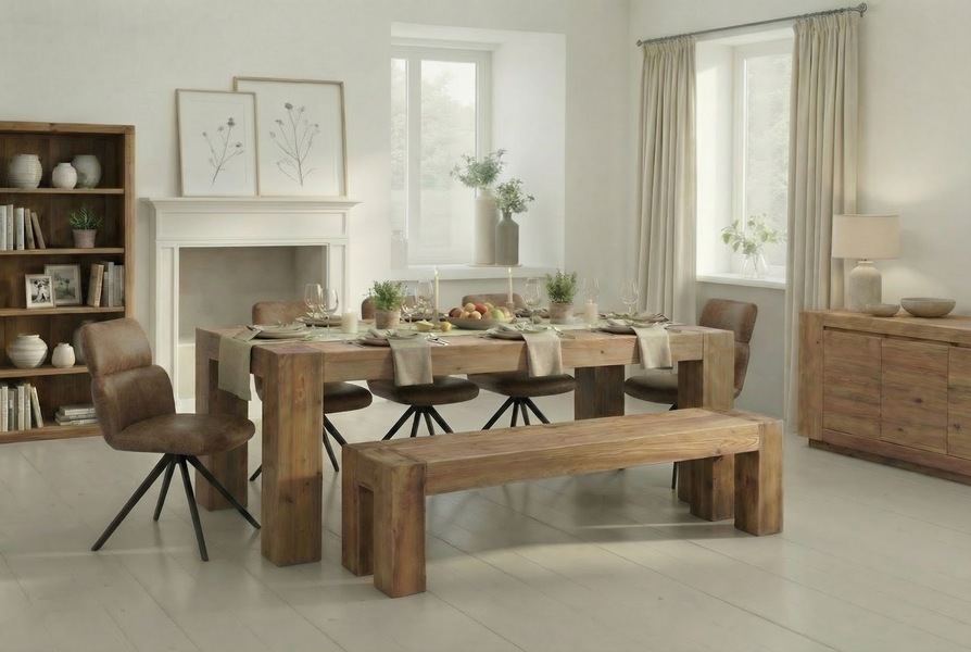 Chunky reclaimed oak dining table and bench in a bright room